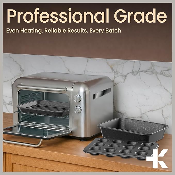 Bakken 4-Piece Bakeware Sets, Nonstick Carbon Steel Baking Sheet, Stackable Space-Saving Bakeware, Dishwasher Safe, Stain-resistant, PFOA, PFOS, & PTFE Free, Oven Safe Up To 450°F, Gray Marble