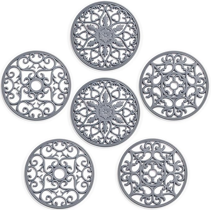 SMARTAKE 6 Set Silicone Trivets, Multi-Use Carved Trivet, Insulated Non-Slip Durable Kitchen Mat, Flexible Modern Kitchen Table Mat, for Hot Dishes, Pots, Dining Countertop, Grey