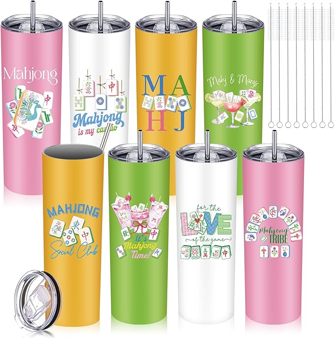 Patelai 8 Pack Mahjong Gifts for Women Men, 20 oz Mahjong Tumblers with Lid and Straw Mah Jong Stainless Steel Insulated Sublimation Cups for Mah Jong Lovers Birthday Party Favors Gifts