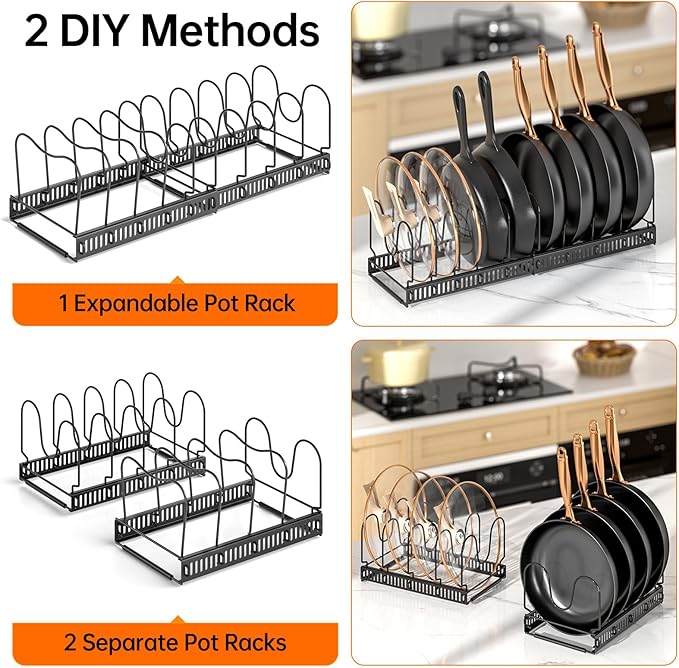 MUDEELA Pots and Pans Organizer Rack for under Cabinet, Expandable 11.81''-22.85'' Pot Lid Kitchen Cabinet Organizer Holder with 10 Adjustable Compartment Cutting Board Organizer for Pan Lid, Bakeware
