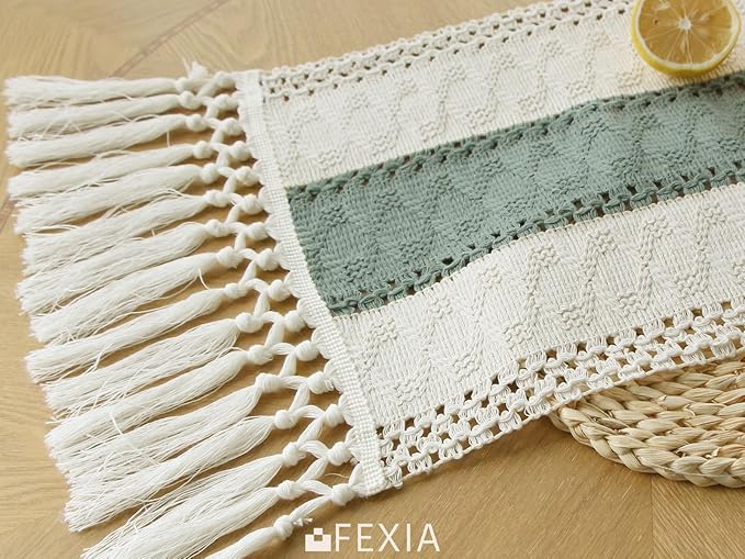 FEXIA Sage Green Table Runner 72 Inches Long with Tassels Boho for Easter Home Decor Rustic Macrame Farmhouse Table Cover for Srping Party Bohemian Bridal Shower Dining Decorations(12x72 Inches)