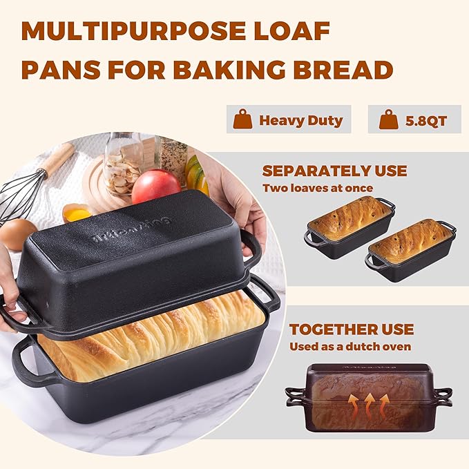 11x5 Inch Cast Iron Loaf Pan With Lid，5.8 Qt Large Loaf Pans For Sourdough Bread Baking, Pre-Seasoned Heavy Duty Dutch Oven Bread Pan For a Crispy Crust