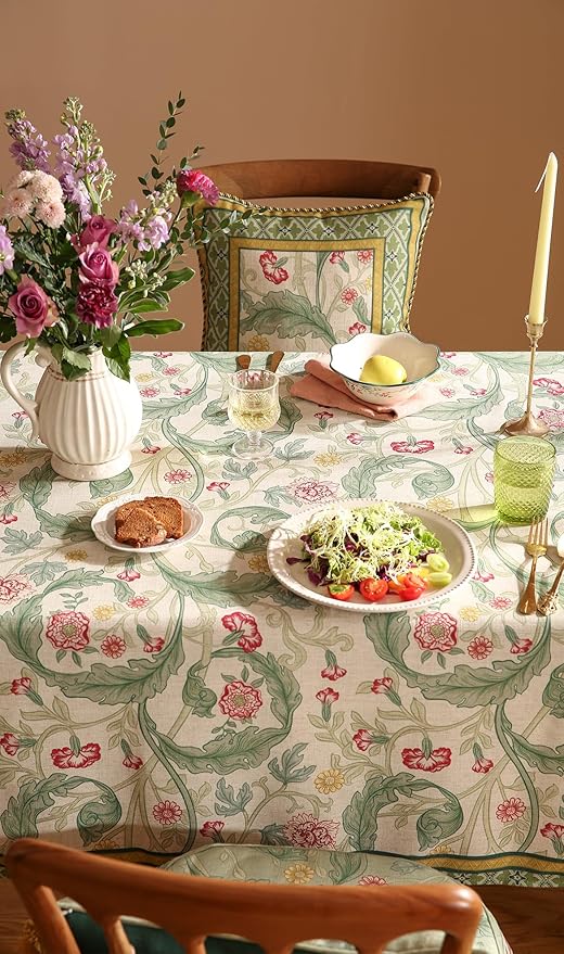 patdrea Designer Linen Green Square Tablecloth,Leaves Pattern Floral Durable Vintage Table Cloth,Decoration Table Cover for Kitchen Dining Christmas,Thanksgiving,Tea Party,67"x67"-Cecilia a