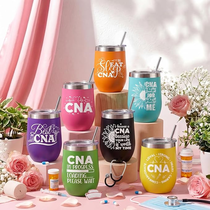 Sliner 8 Pcs CNA Gifts Tumbler with Lid, 12oz Stainless Steel Cups CNA Week Appreciation Gifts Medical Tumblers for Women Men RN Certified Nursing Assistant Graduation Office Essentials Nurse Week