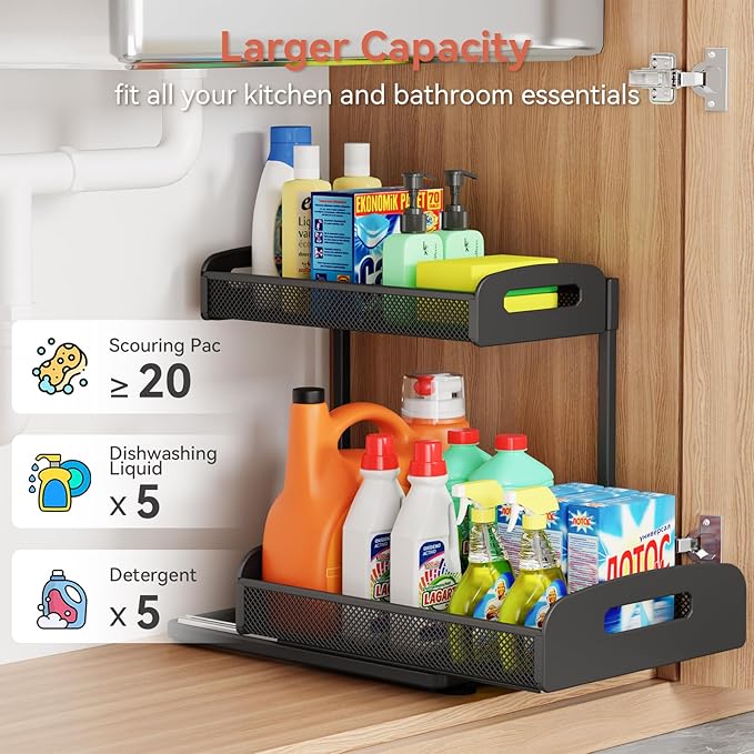 YASONIC 2 Pack Under Sink Organizer, 2 Tier Height Adjustable Kitchen Cabinet Organizer, Pull Out Metal Cabinet Shelf Organizer, Under the Sink Organizers and Storage for Kitchen & Bathroom, Black