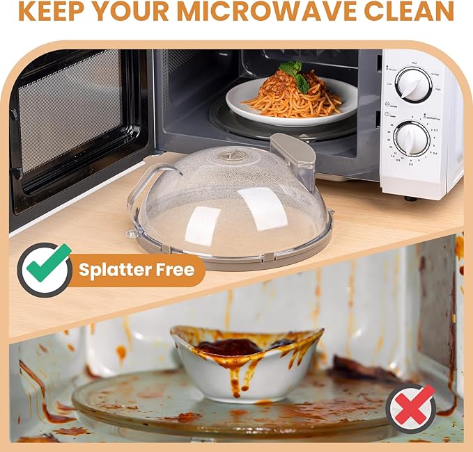 12 Inch Microwave Splatter Cover, Upgraded Microwave Cover for Food with Water Steamer, Integrated Handle, Splatter Guard, Cookware Lid, House Warming Gifts New Home, Grey