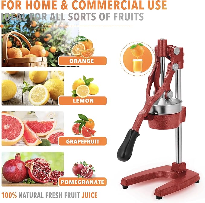 19 Inch Height Extra Tall Commercial Heavy Duty Cast Iron Hand Press Manual Orange Citrus Lemon Lime Grapefruit Pomegranate Fruit Juice Squeezer Machine with Stainless Steel Cup Red