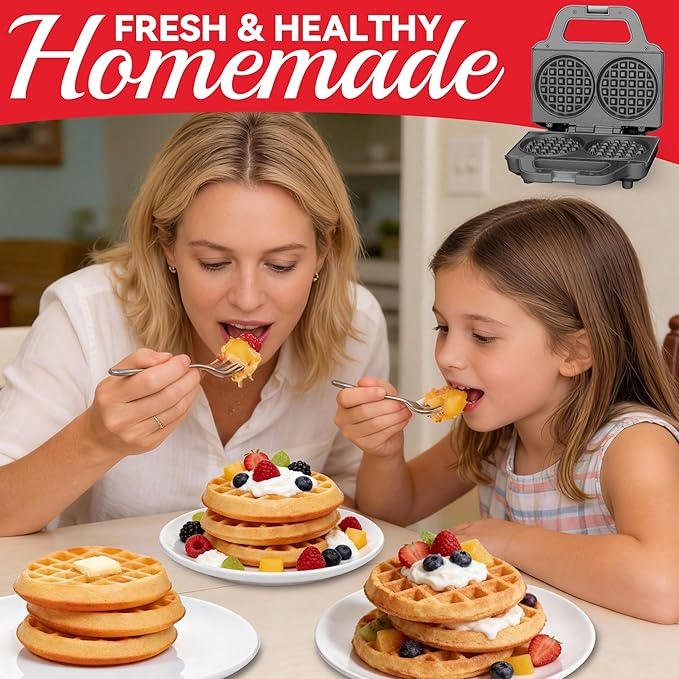 SugarWhisk 4 Inch Double Mini Waffle Maker Machine, Chaffle Maker, Waflera Electrica, Small Waffle Iron for Waffles, Keto Chaffles, Hash Browns, Cookies, Grey