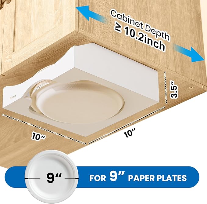 9-inch Paper Plate Dispenser Under Cabinet, Bamboo Paper Plate Holders, Kitchen Counter Vertical Plate Dispensers Holders Countertop Caddy(For 9-inch Plates, White)