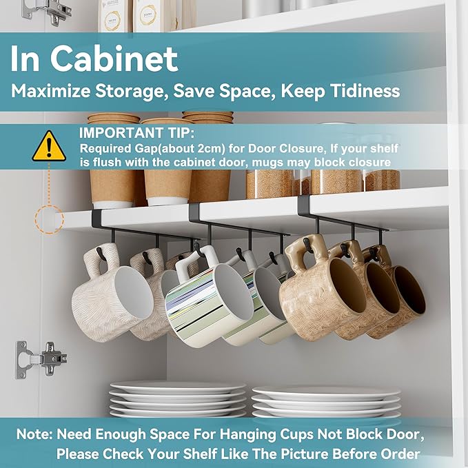 ECROCY Coffee Mug Holder Under Cabinet, 3pcs Coffee Cup Holder Only Fits Flat Shelf Without Any Lip, Clip-On Mug Hooks No Drilling Free Damage
