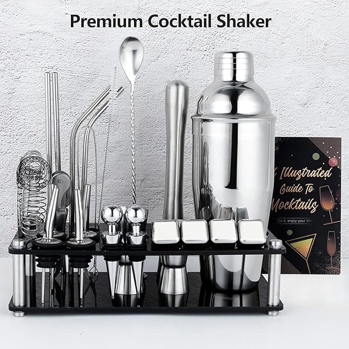 25-Piece Cocktail Shaker Set, Stainless Steel Bartender Kit with Acrylic Stand & Cocktail Recipes Booklet, Professional Bar Tools for Drink Mixing, Home, Bar, Party (Include 4 Whiskey Stones)