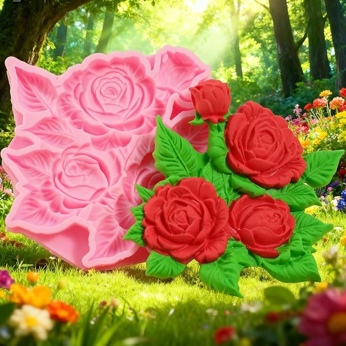 Rose Chocolates Silicone Molds, Flower Buds Leaves Wedding Cake Fondant Molds, Food-Grade Materials for Kitchen Baking, DIY Candy, Cookies Flower Paste Muffins Clay Resin Plaster-1Pcs