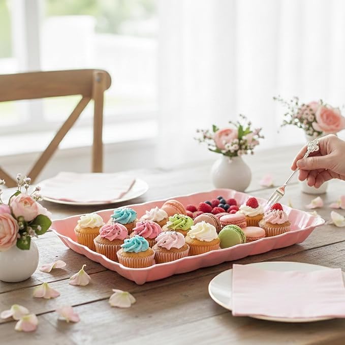 6 Pack Pink Plastic Serving Trays for Party, 9 x 13 Inch - Heavy Duty Plastic Trays for Food - Rectangular Party Serving Trays and Platters - Pink Disposable Trays