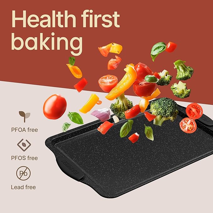 BAKKEN Kitchen Baking Pans - 15.15 x 10.03" Medium Nonstick Sheet, Durable Carbon Steel Cookie Sheet with Gray Silicone Handles, PFOA, PFOS, PTFE Free, Oven Safe Tray (Up To 450°F), Set of 1