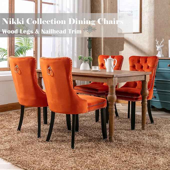 Velvet Dining Chairs Set of 6, Upholstered Dining Room Chairs with Back Ring Pull Trim and Solid Wood Legs,Tufted Wingback Kitchen Chair Perfect for Dining Room,Living Room,Kitchen(Orange)