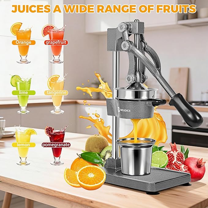 Cast Iron Juicer, Manual Citrus Press, Heavy Duty Hand Press Fruit Squeezer with Stable Base & Maximum Juice Yield for Orange Lemon Lime Pomegranate, Silver