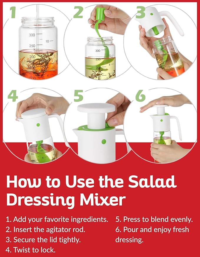 Glass Dressing Mixer Bottle & Large Salad Bowl with Acacia Utensils – Leakproof Measuring Shaker with 11" Glass Serving Bowl for Fresh Dressings, Salad Prep, Table Serving & Everyday Meal Presentation