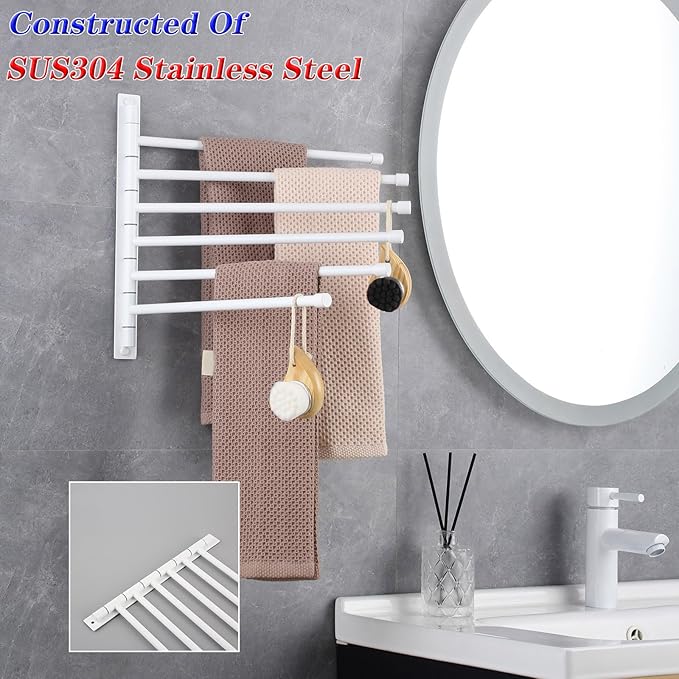 GERZWY Bathroom 6 Arms Swing Arm Towel Bars Wall Mount Bath Towel Rack Hanger Stainless Steel Towel Holder Organizer, White