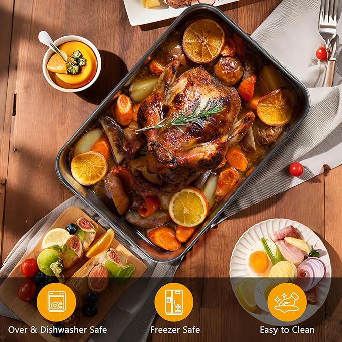 Roasting Pan with Rack, 15.75x11.02’’ Baking Pan for Oven with Rack & Silicon Hand Clip & Oilbrush, Heavy Duty Dishwasher Safe Rectangular Lasagna Pan with Handle for Turkey, Dark Grey