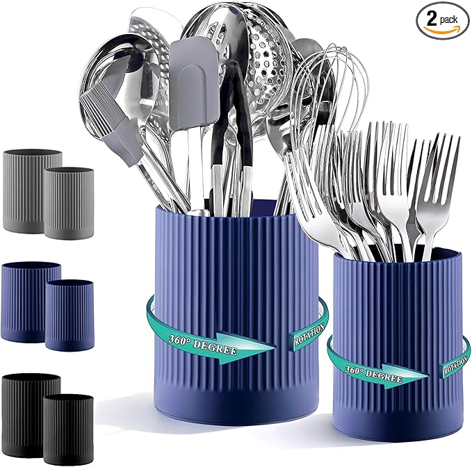 Kyraton Cooking Utensils Holder 2pcs, 360° Rotating Heavy Duty Plastic Kitchen Utensil Holder for Countertop, The Small Utensil Crock for Cutlery Silverware, Tooth Brush, Desk Pencil Pen