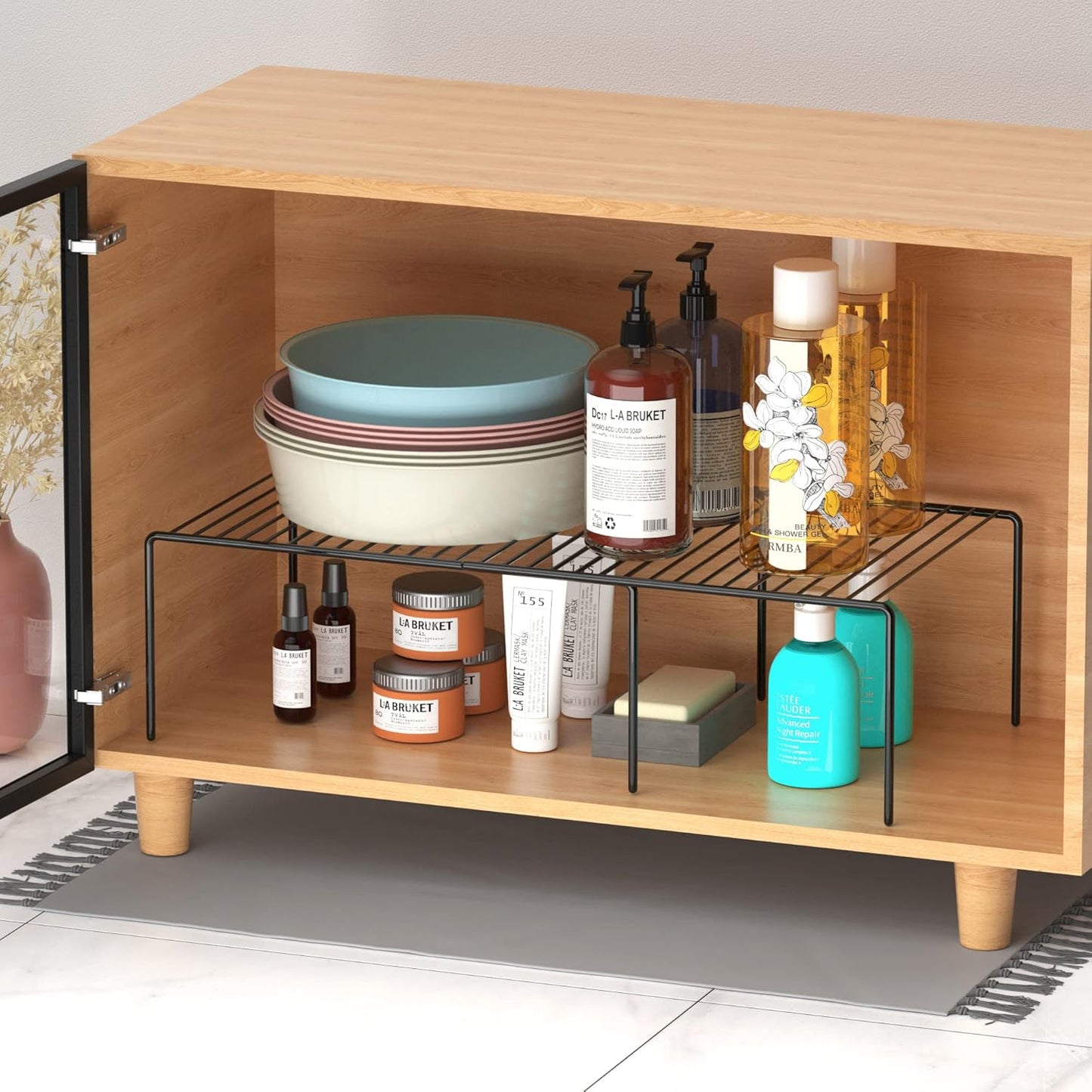 Redrubbit Expandable Shelf Rack, Rustproof Metal Storage Organizer for Kitchen, Fridge, Bathroom, Black