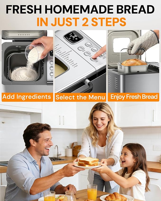 OSIPOTO Bread Maker, 2LB Stainless Steel Bread Machine, 17-in-1 Automatic Settings, Non-Stick Pan, Beginner-Friendly Controls, Easy to Clean, Low Noise, High Success Rate for Homemade Bread