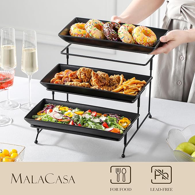 MALACASA 3 Tier Serving Tray, Porcelain Tiered Serving Trays Platters, 12 Inch Serving Stand with Platters,Black Dessert Stand with Collapsible Sturdier Metal Rack,Series PLAT