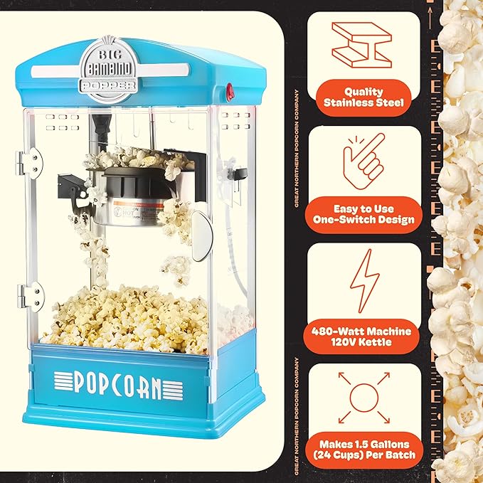 Big Bambino Popcorn Machine - Old-Fashioned Popcorn Maker with 4-Oz Kettle, Measuring Cups, Scoop, and Serving Cups by Great Northern Popcorn (Blue)