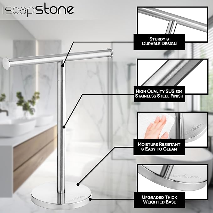Luxury Hand Towel Holder Stand with Heavy Base, SUS 304 Stainless Steel Towel Rack, T-Shape, Freestanding Towel Stand for Bathroom Vanity or Kitchen Countertop, Waterproof Counter Organizer