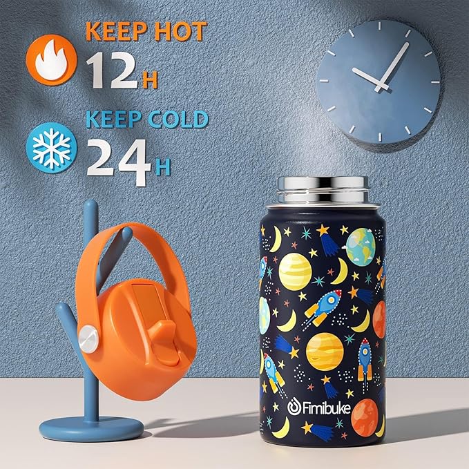 Fimibuke Kids Insulated Water Bottle, 14oz BPA FREE 18/8 Stainless Steel Travel Tumbler Double Wall Vacuum Leak Proof Kids Cup with Straw Metal Bottles for School Boys Girls (1 Pack, Green Dinosaur)