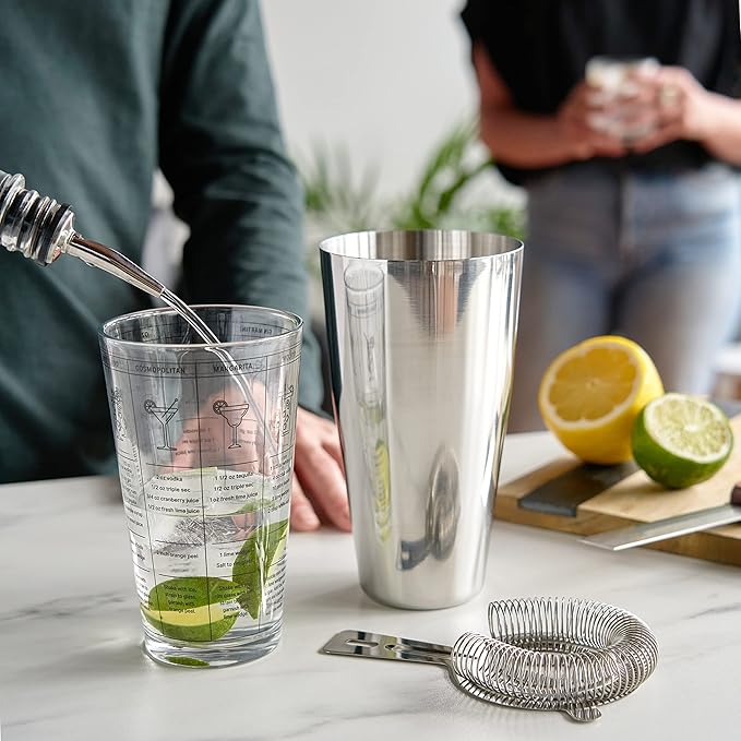 True 3-Piece Barware Set for Mixed Drinks and Cold Brew Cocktails, Includes Cocktail Shaker Tin, Cocktail Mixing Glass with 7 Printed Recipes, and Hawthorne Strainer, Home Bar Tools, Bartender Gifts