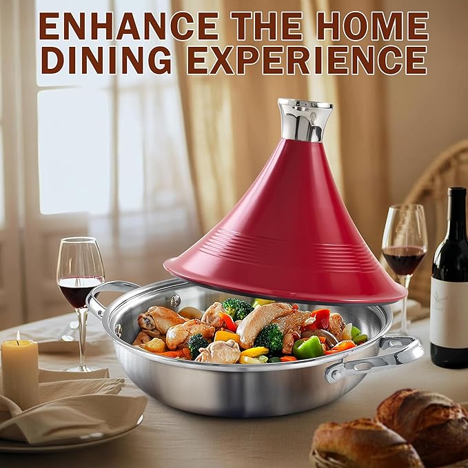 DM Tagine Pot, 11 Inch 3.6 Quart Moroccan Clay Tagine Pot Alternative, Multi-Ply Clad Stainless Steel, Traditional Cooking Pot with Die-Cast Aluminum Red Conical Lid and Stainless Steel Knob