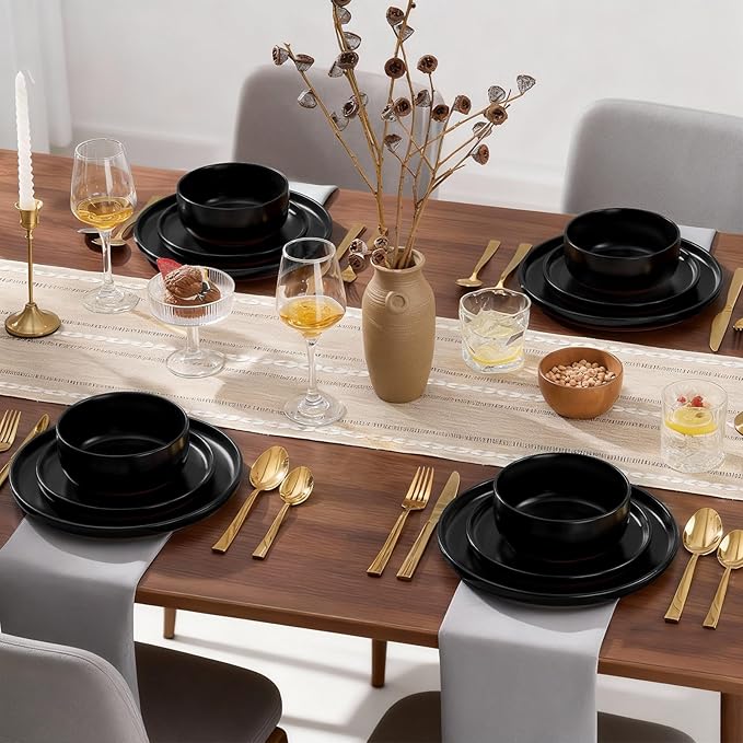 E-far 24-Piece Stoneware Plates and Bowls Sets, Dinnerware Sets for 8, Ceramic Dishware Dishes Set with Terracotta Base, Chip & Scratch Resistant, Microwave & Dishwasher Safe, Matte Black