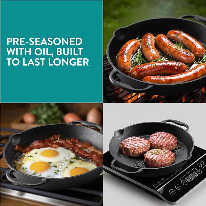 Navaris Cast Iron Skillet - 12"(30cm) Pre-Seasoned Frying Pan with Double Handles, Pour Spouts, for Oven, Stovetop, Grill & Campfire, Non-Toxic, Heavy-Duty, Even-Heating Cookware