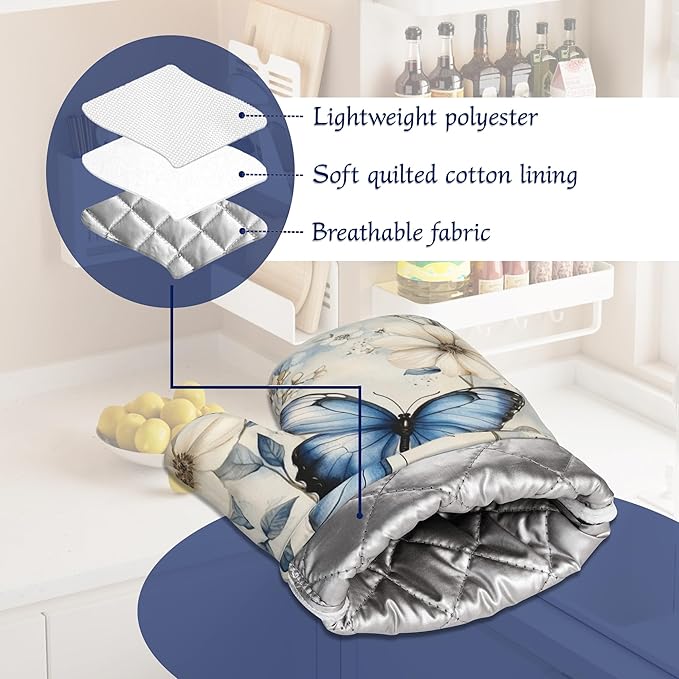 Oven Mitts and Pot Holders Sets Blue Butterfly Silicone Kitchen Mits Potholders Spring Floral Heat Resistant 4Pcs Oven Gloves Hot Pads for Baking Cooking BBQ Grilling Home Decor