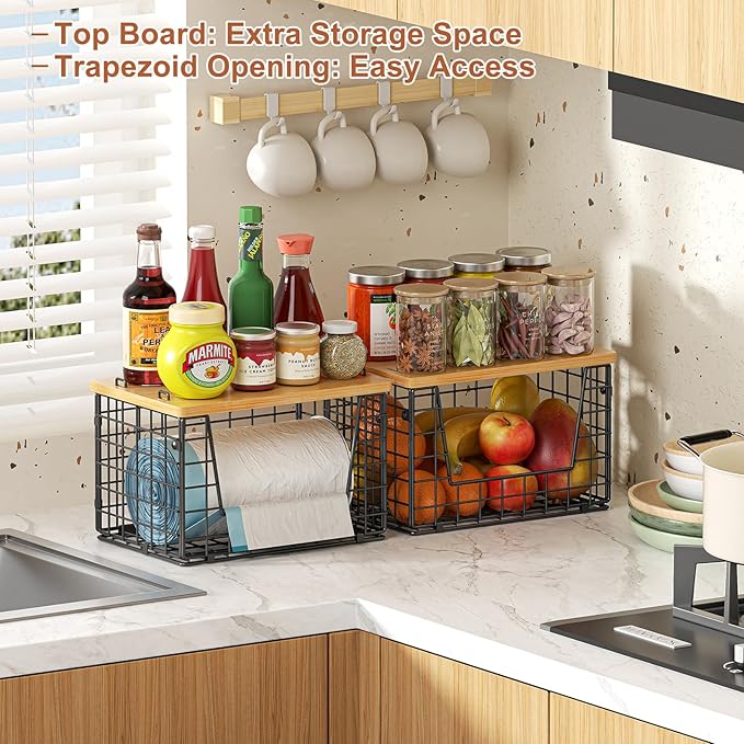 keomaisyto Stackable Wire Baskets, 2-Pack - Kitchen & Pantry Organizers for Potato, Onion Storage, Heavy-Duty Metal Storage Bins for Fruit, Vegetable, Snack, Can