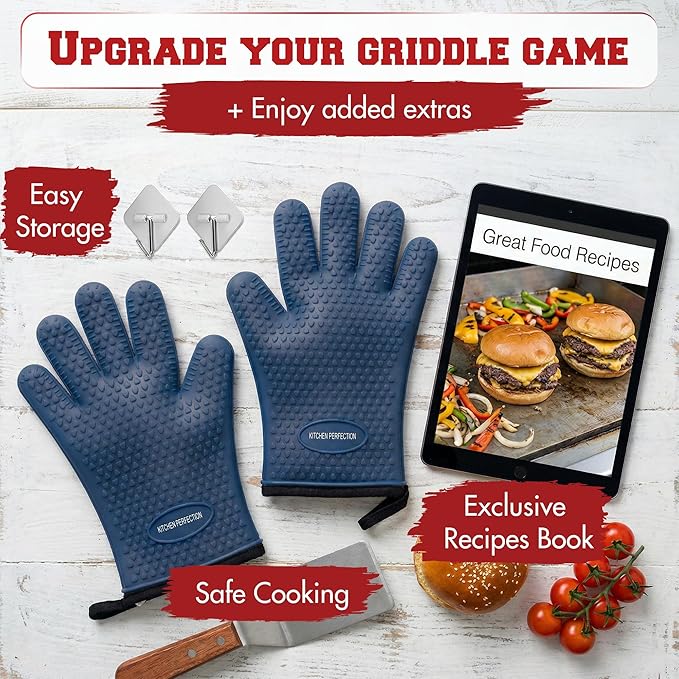 KITCHEN PERFECTION Silicone Oven & Griddle Gloves -Extreme Heat Resistant BBQ & Grilling Gloves -Handle Hot Food Right on Your Griddle |Waterproof Oven Mitts Grill Gloves |Superior Set+3 Bonuses