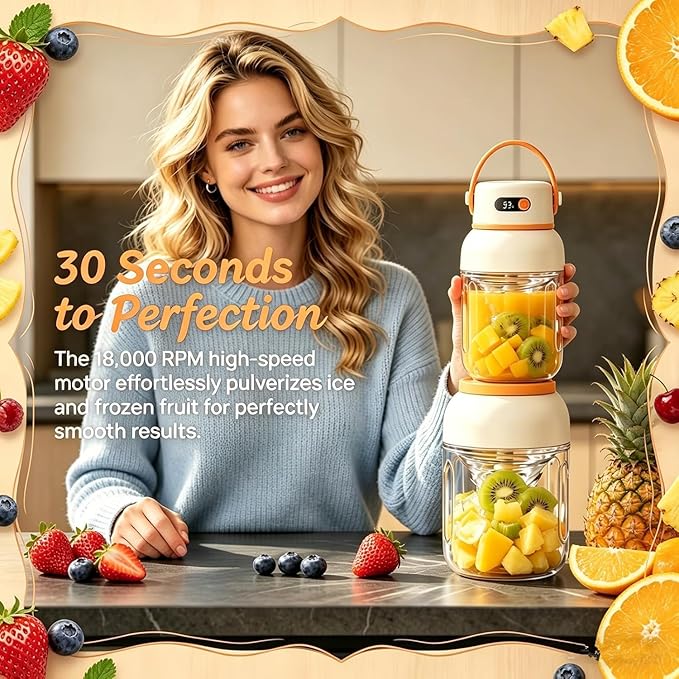 Portable Electric Juicer Cup with Zero Cord Hasslem, USB-C Rechargeable Electric Blender with Straw, Easy Clean & Leakproof, Wireless Juicer Cup for Home Gym Office Outdoor (800ml)