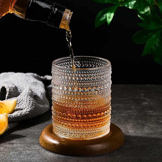 ZMOWIPDL Vintage Glassware Drinking Glasses Set of 6,12 oz Hobnail Glass Cups,Embossed Clear Water Tumbler,for Beer,Cocktail,Whiskey,Juice and Various Mixed Drinks- 1 Cleaning Brush