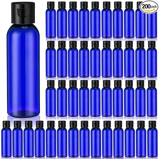 Zhehao 200 Pcs 2 oz Blue Plastic Empty Bottles Small Travel Size Bottles with Flip Cap Empty Transparent Dispenser Container for Liquids Toiletries Shampoo Lotion (Black Cap)