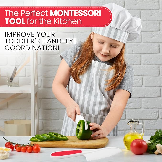 Zulay Kitchen 3-Piece Kids Knife Set for Real Cooking & Baking - Toddler Knives for Cutting Fruits, Veggies, & Cake - Children’s Montessori Knive with Serrated Edges - Safe & Fun Lettuce Knife (Red)