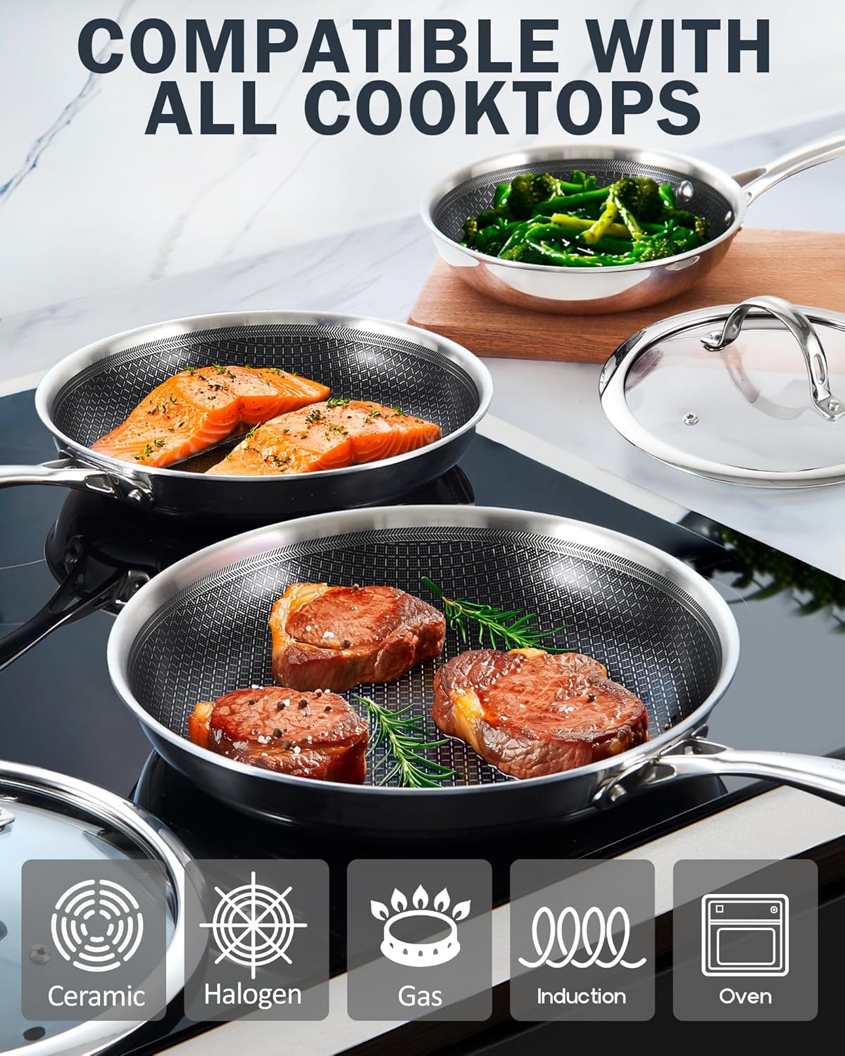 Cooks Standard Hybrid Nonstick Frying Pan Set, 8 and 10-Inch Multi-Ply Clad Stainless Steel 2 Piece Skillet with Tempered Glass Lids, Oven Safe, Compatible with All Stovetops