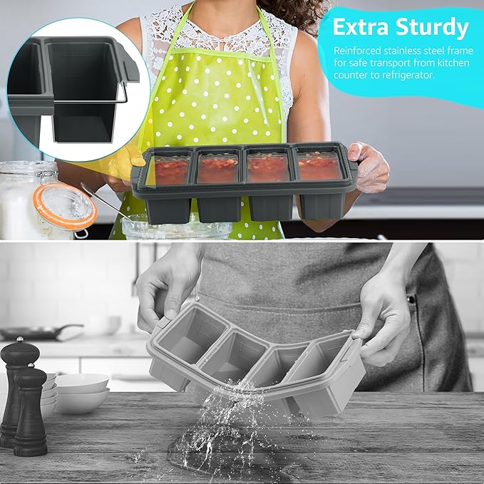 Ztomine Silicone Freezer Tray With Lid - Silicone Freezer Food Molds- Large Ice Cube Tray,Silicone Freezer Container,Freeze & Store Soup, Sauce, Broth,Leftovers - Makes 4 Perfect 1 Cup
