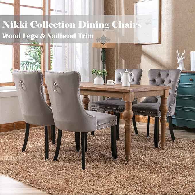 Grey Velvet Dining Chairs Set of 2, Upholstered Dining Room Chairs with Back Ring Pull Trim and Solid Wood Legs,Tufted Wingback Kitchen Chairs for Dining Room,Living Room,Kitchen(Grey)