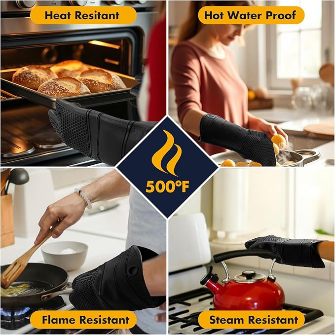 6 Pack Oven Mitts and Pot Holders Sets,Silicone Oven Mitts &Hot Pads,Long Cooking Gloves,Kitchen Trivet Mats,Kitchen Home Essentials,12.9" Mitts 7" Trivets (1*Pair Black Oven Mitts+4*Trivet)