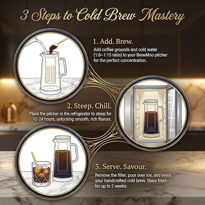 Cold Brew Coffee Maker Pitcher, 1.4L/48Oz Airtight Borosilicate Glass Carafe with 150 Mesh Precision Filter | Barista Grade Iced Coffee Maker, Integrated Glass Handle & Non Slip Base (Grey)