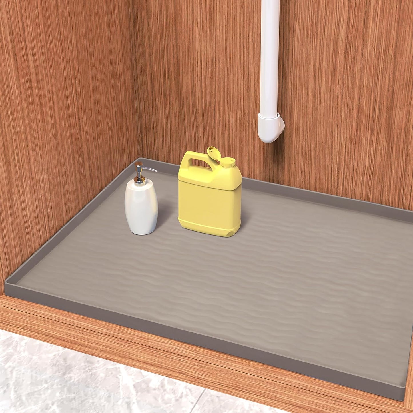 URMONA Waterproof Silicone Under Sink Mat 19'' x 12'' Shelf Liner for Kitchen and Bathroom, Cabinet and Counter Protector, Storage and Organizers, Litter Mat, Pet Cat Puppy Essentials(Beige)