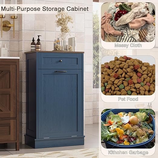 KIGOTY Tilt Out Trash Can Cabinet Trash Bin Cabinet with Hideaway Drawer Hidden Wooden Kitchen Garbage Can, Pet Proof Trash Can Holder for Kitchen (Blue-Brown)