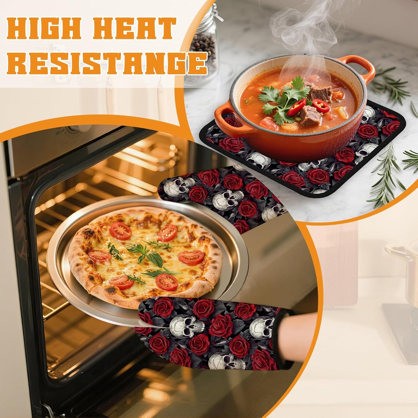Skulls Oven Mitts and Pot Holders Set,Red Roses Kitchen Oven Gloves and Pot Holder with Heat Resistant Non Slip for Cooking Baking Grilling(4 Piece Set)