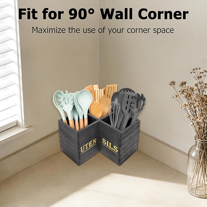 RedCall Kitchen Utensils Holder,Extra Large 3 Compartments Corner Utensil Caddy for Countertop,Wooden Farmhouse Utensil Organizer